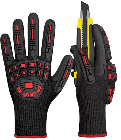 KAYGO guantes de trabajo anti impacto con protección TPR, clase C a prueba de corte, recubrimiento de nitrilo, buena agarre, para constructores, carpinteros, bricolaje, KG30N (Negro Rojo, S, talla 7)