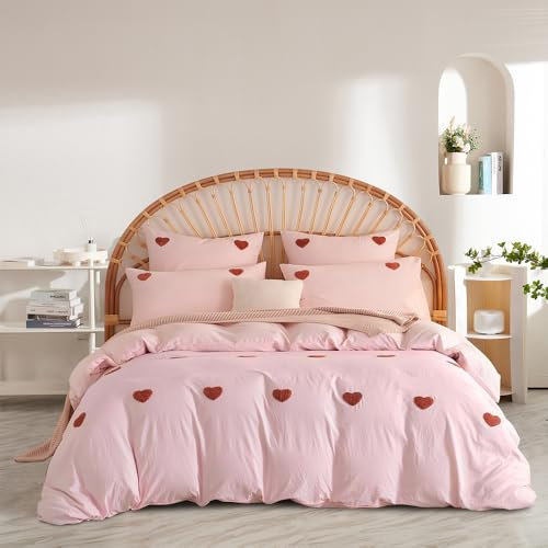 Freyamy Tuftée Parure de lit Rose Housse de Couette Cœur 140x200 Broderie à la Main Parure de lit Filles avec Fermeture Éclair Sets de Housse Couette en Microfibre avec Une Taie d'oreiller 65 x 65cm
