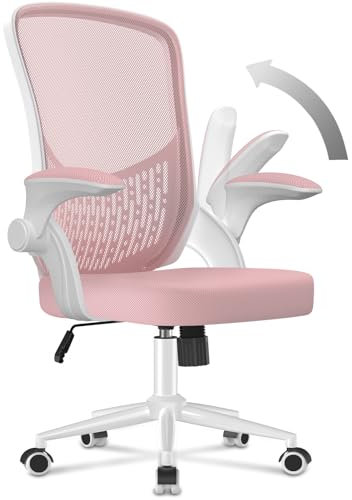 naspaluro Office Desk Ergonomic Chair with Flip-up Armrests/Back Support Comfy Computer Small Heavy Duty Swivel Chairs for Home Office Comfortable Pink Study Work Mesh PC Chairs & Stools