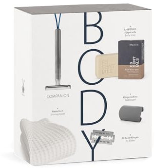 MÜHLE Body Geschenkset 14 tlg. - unisex Sicherheitsrasierer mit blauer Kordel, 10 Klingen, Körperseife, Tuch - vegan, nachhaltig
