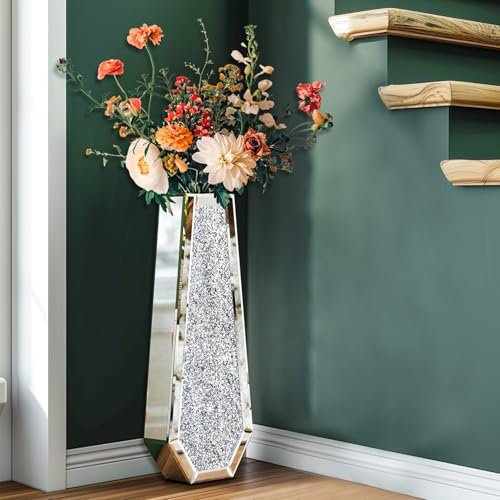 Artloge Vase Groß Bodenvase Silber Kristall Blumenvase 68 cm Hoch, Glas verspiegelte Diamanten Blumenvasen, Dekorative Luxus Vase für Wohnzimmer Home Decor Modern Glitzer Glasvase Standvase