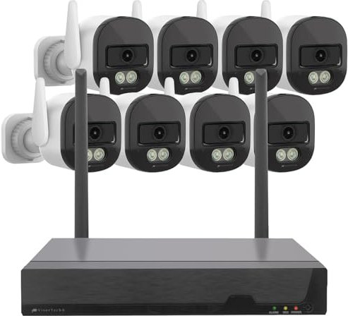 VisorTech Überwachungs-Kameras: Plug-&-Play-Überwachungssystem mit 8 Kameras & WLAN 6, hohe Reichweite (Outdoor-Überwachungskamera-Sets, Funk-Kamera mit Bildschirm, Videorecorder)