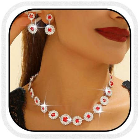 Fashband Crystal Bridal Wedding Jewelry Set Sparkly Necklace Earrings Prom Costume Jewelry for Women (Red, One Size)