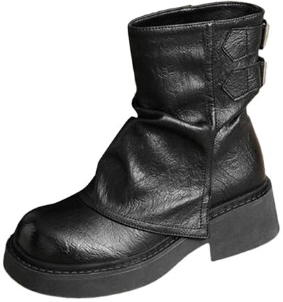 Stivali da donna con plateau Gothic Punk, stivaletti con tacco a blocco, a mezza gamba, pieghevoli, in pelle PU, da equitazione, in pelle laccata, Nero , 38 EU