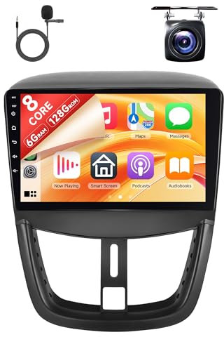 6G+128G 8 Cœurs Android Autoradio pour Peugeot 207 2006-2015 9 Pouces écran Tactile Autoradio avec Carplay sans Fil Android Auto Mirror Link Bluetooth FM/RDS/EQ/DSP WiFi GPS Caméra Recul