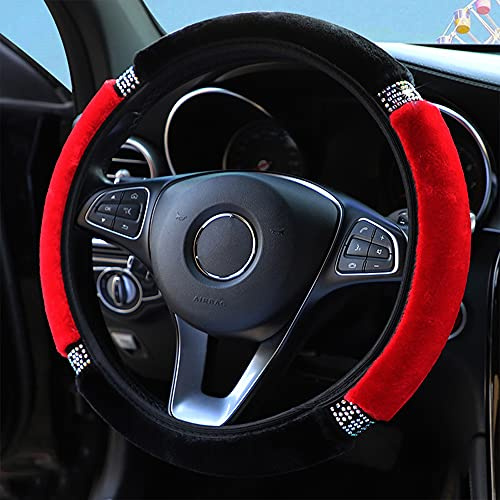 Lenkradabdeckung Plüsch, Universal Winter Lenkrad Abdeckung, Weicher Bequem Lenkradbezug, Fell Lenkradhülle mit Strass, Glitter Auto Lenkrad für Auto Zubehör, 37-38cm,Schwarz Rot