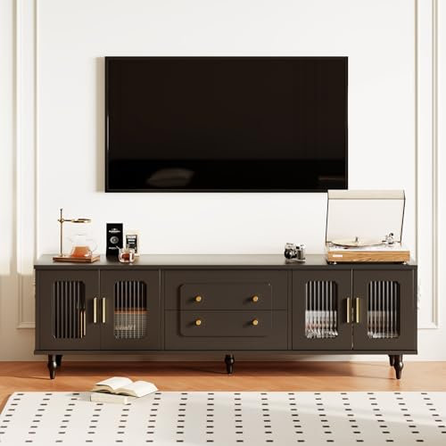 WASAGA Meuble bas de style rétro avec poignées dorées, porte en verre et pieds en bois massif, meuble TV avec beaucoup d'espace de rangement