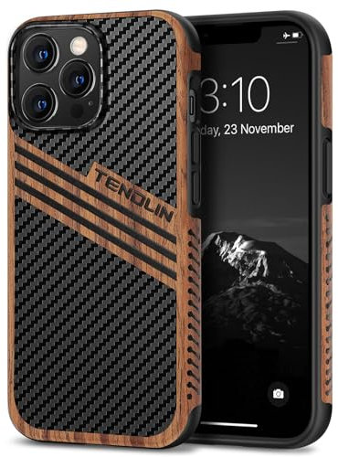 TENDLIN Kompatibel mit iPhone 13 Pro Hülle Holz und Carbon Textur Design Leder Hybrid Handyhülle (DREI Streifen)