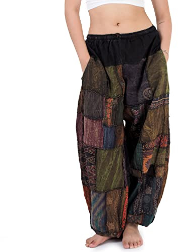 PRINCESS OF ASIA Patchwork Jeans Haremshose Damen Aladinhose Pumphose | 100% Organic Cotton, Fester Denim Stoff, Weite Baggy Passform, Elastischer Bund, Praktische Taschen, Boho Hippie Style