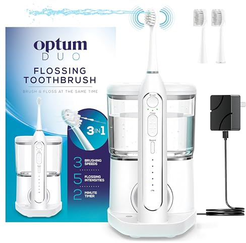 Optum Duo Zahnseide Zahnbürste 2-in-1 Elektrische Zahnbürste Wasser Flosser Combo - Schallzahnbürste mit 40k Vibrationen & Hochdruck-Zahnseide, 5 Putzmodi, ideal für Zahnspangen & Implantate