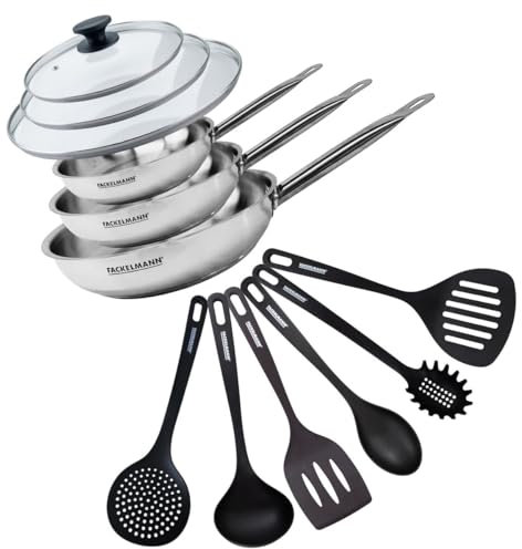 Fackelmann 9439450 Pfannen-Set, 3-teilig, 20, 24 und 28 cm, Edelstahl 18-8, 3 Glasdeckel und 6 Utensilien, Pfanne für alle Herdarten, Induktion, Pfanne ohne PFAS, genieteter Griff, Edelstahl, Glas