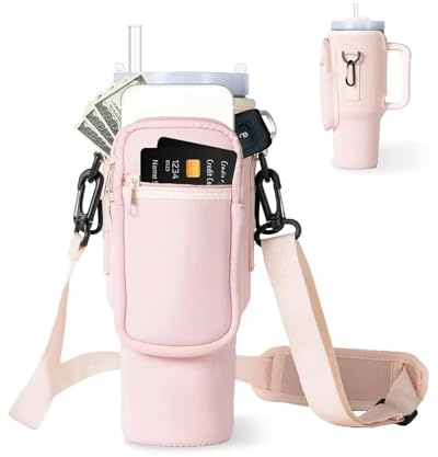 LUYSGBXR Wasserflaschentasche 1pc Bottle Cover Water Bottle Carrier Bag with Phone Pocket for Tumbler with Handle Water Bottle Holder Pouch(Pink)