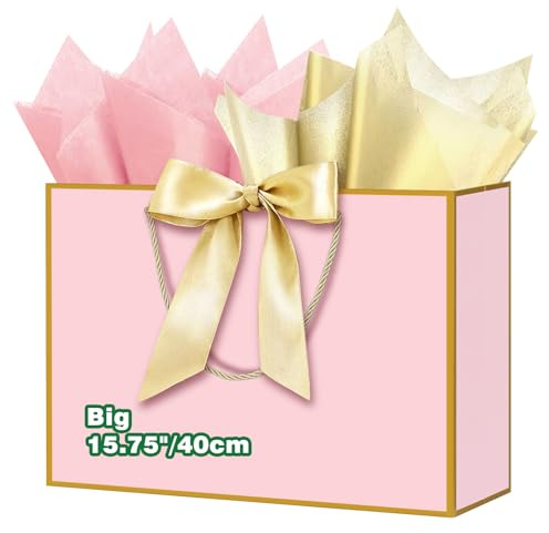 HONTIUS 15,75'' Sacchetti Regalo, Rosa Sacchetto Regalo Grandi Maxi XXL con Carta Velina, 40 * 30 * 12.5cm Elegante Borsa Busta Regalo grande Compleanno per Bambini Donne Ragazze Nozze Natale B