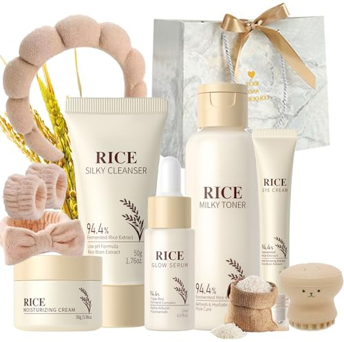 Reis Gesichtspflege Skincare Set 11pcs, Rice Pflegeset Damen Glättet die Haut, Pflegeset Damen Geshcenke mit Reiniger, Rice Toner, Face Cream, Serum, Eye Cream, Geschenktüte, Pflegeutensilien