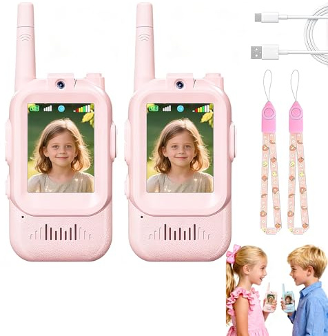 2-Pack Kids Video Walkie Talkies, Rechargeable Walkie Talkies with Screen Display & Voice Changer, Long Range Toys for Indoor Outdoor Play, Birthday Gift for Boys Girls Aged 3-12 (Pink + Pink)