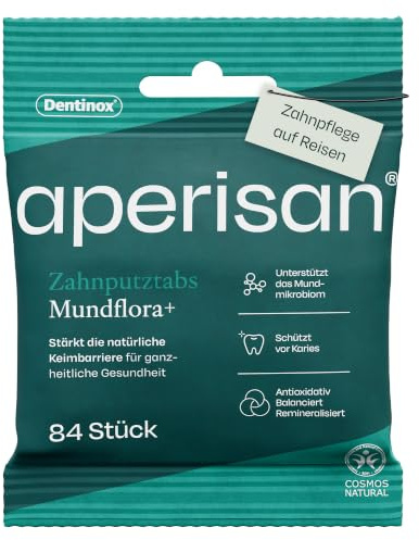 aperisan Zahnputztabs Mundflora+, Zahnputztabletten für unterwegs, 84 St | mit Fluorid, ideal auf Reisen, stärkt die Mundflora & den Zahnschmelz, schützt vor Karies, ohne scharfe Tenside, vegan