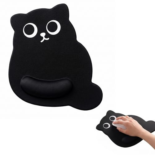 PYRUVAE Tappetino Mouse Ergonomico con Poggiapolsi in Silicone, Mouse Pad Gatto Nero per Ufficio e Gaming, Base Antiscivolo, 29x23 cm, Supporto Polso Confortevole per PC e Laptop