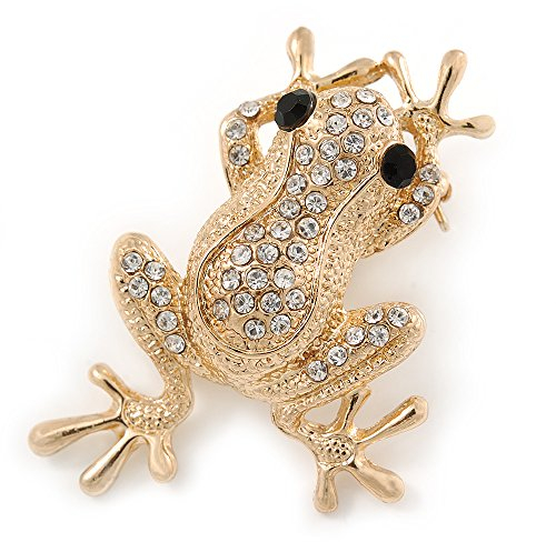 Broche Grenouille Plaqué Or Cristal Transparent/Noir – 50 mm L, taille unique, Pas de type de métal, diamante