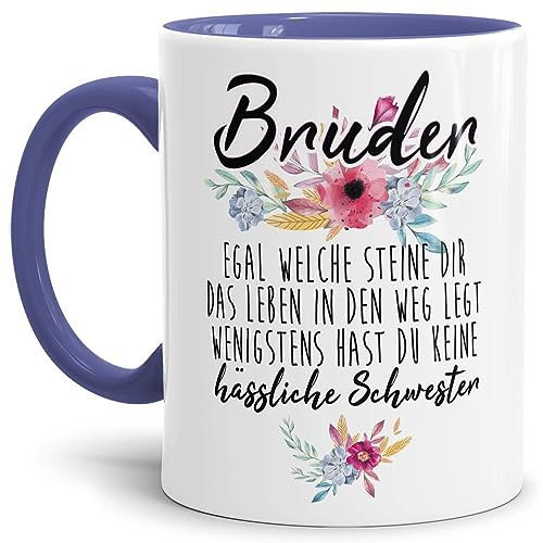 Tasse mit Spruch Bruder - Wenigstens hast du keine hässliche Schwester - Geschenk-Idee/Witzig/Innen & Henkel Cambridge-Blau