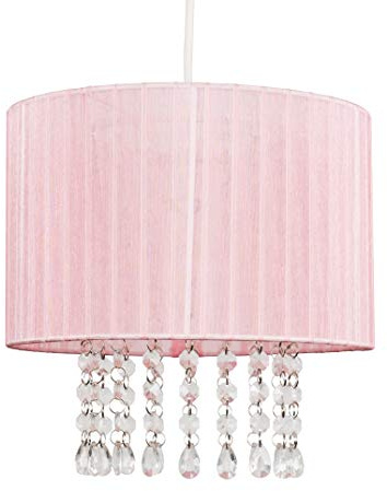 MiniSun | Modern Pink Voile Ribbon Wrapped Pendant Shade with Acrylic Droplets Complete with a 10w LED GLS Bulb [3000K Warm White] | Shades & Home Improvements Essential | 280mm Shade Width