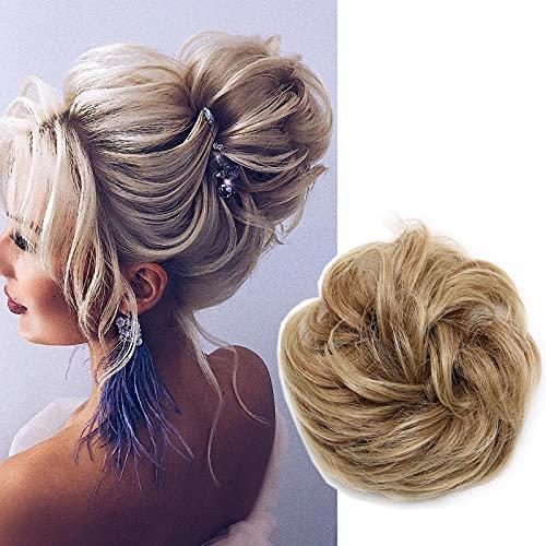 Silk-co Haarteil mit Gummiband, Dutt mit Haaren Gewellt Weich Dutt Haarteil mit Gummiband 35 g, Gelockt Haarverdickung Hair Extensions Messy Bun Hochsteckfrisuren Goldbraun & Blond