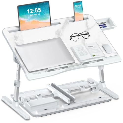 Laptop Stand for Bed, Potuopy Leather Adjustable Height Angle X-Large Bed Desk, Foldable Laptop Bed Table for Working Reading Eating on Bed Sofa Floor (Marble, 60 * 40cm)