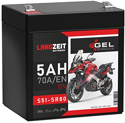 LANGZEIT GEL Batterie 12V 5Ah 70A/EN Motorradbatterie SIMSON S50 S51 S70 S71 SR50 SR80 doppelte Lebensdauer auslaufsicher ersetzt 4,5Ah