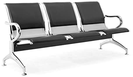 FBasic 3er-Stahlbank 183x71x78H Silber für Wartezimmer | Verfügbar zum Zusammenbauen: 3 Stühle + Couchtisch | Mit Sitz- und Rückenkissen SCHWARZ | Bank mit Armlehnen