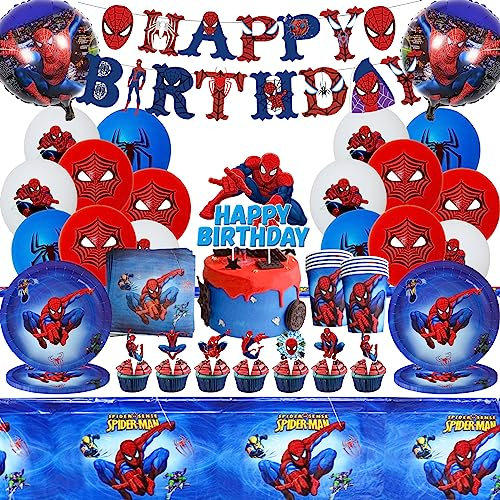 GUBOOM Spiderman Geburtstagsdeko, Spiderman Partygeschirr, 87 PCS Spiderman Party Supplies Set, Enthält Luftballons Spiderman, Teller,Tasse,Tischdecke,Servietten und Banner, Spiderman Deko