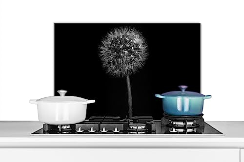 KitchenYeah© Küchenrückwand Platte Spritzschutz Küche Deko Aluminium Platte Spritzschutz Herd Alternative für Selbstklebende FolieLöwenzahn - Schwarz - Blumen - Botanik - 60x40 cm