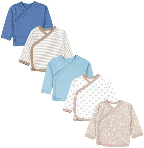 TupTam Baby Jungen Langarm Wickelshirt Baumwolle 5er Set, Farbe: Dino/Beige/Streifen/Sterne/Iceberg/Jeans, Größe: 80