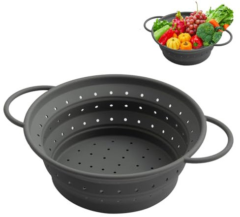 Faltbarer Seiher Sieb, 25 cm Waschschüssel für Gemüse, Abtropfsieb aus Silikon, Küchen Sieb, Faltbares Abtropfsieb, Aufbewahrung in der Küche, Zum Abtropfen von Nudeln, Obst und Gemüse, Grau
