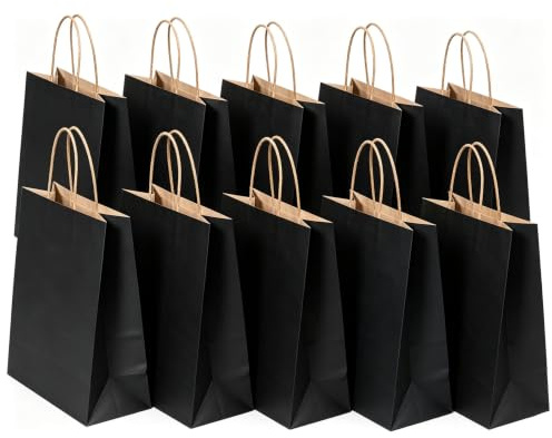 SHUBEIEUMI 10 Sacs Cadeaux en Kraft Avec Poignées,Noir | 21x15x8 cm Petite Taille Sacs en Papier pour Anniversaires, Mariages