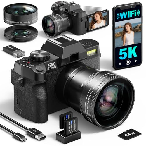 Appareil Photo numérique 5K 64MP caméra de WiFi vlogging | Youtube contrôlée par et Application, Appareil Photo Compact avec Carte TF 64 Go, objectifs Grand-Angle et Macro