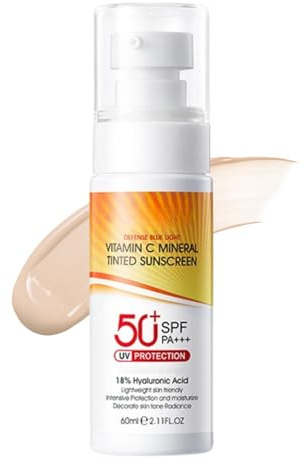 Vitamin C Mineral Getönte Sonnencreme Gesicht 50, Leichte LSF 50 Gesichtssonnencreme,Hyaluronsäure & Blaulichtschutz, 50+ SPF PA+++ Sunscreen, Wasserfeste Feuchtigkeitscreme für Strahlenden Teint