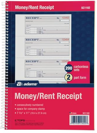 Adams Money and Rent Receipt Book, 2-Part Carbonless, 7-5/8 x 11, Spiral Bound, 200 Sets per Book, 4 Receipts per Page (SC1182), White/Canary