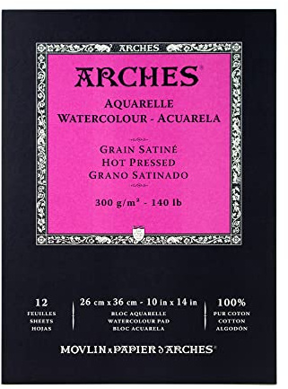 Arches 1795098 Aquarellpapier im Block (26 x 36 cm Kopfgeleimt 300g/m² Satiniert) 12 Blatt naturweiß