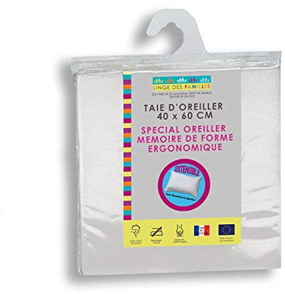 Linge des Familles - Taie d'oreiller Extensible 40x60 cm - Housse pour Oreiller Mémoire de Forme - Jersey 100% Coton Peigné - Blanc - Label Oeko-TEX® Standard 100 - Made in Europe