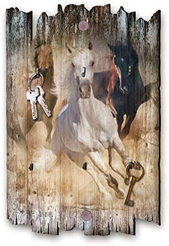 Kreative Feder Pferde Designer Schlüsselbrett, Hakenleiste im Landhaus-Stil, Shabby-Chic aus Holz 30x20cm (Pferde)