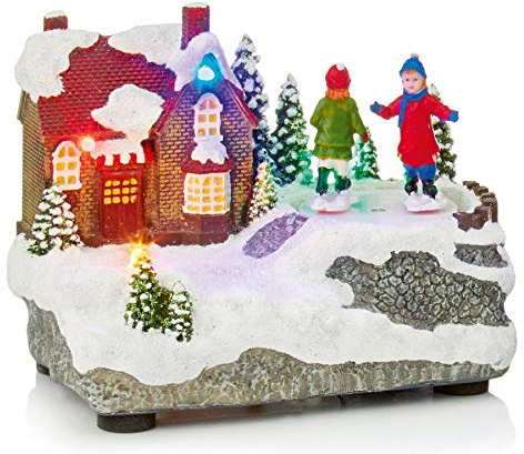 Premier Decorations Christmas 14cm Battery Operated LED Lit Village Scene - House and Skaters Design