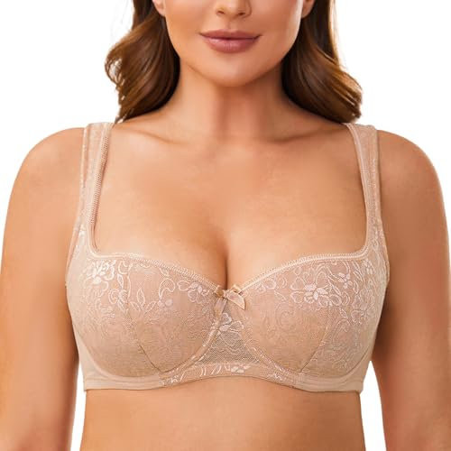 MELENECA Women's Balconette Bra with Padded Strap Half Cup Underwire Sexy Lace Beige 42E