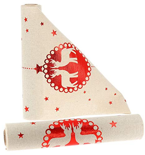 Chemin de Table Noël en Rouleau Motif Renne et Flocon Rouge Brillant et Aspect Lin - Format Long Rectangle 270x28cm Grande Table - Décoration Nappe pour Repas Table de Noël