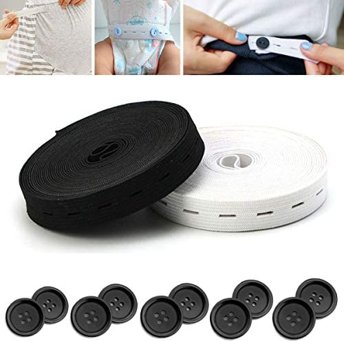 Suncoolla 12M Black/White 2cm Button Hole Elastic Band Strap Ribbon with 10pcs Buttons for DIY Pregnant Pants Waist Adjustable Sewing Accessory (6M for Each Color))