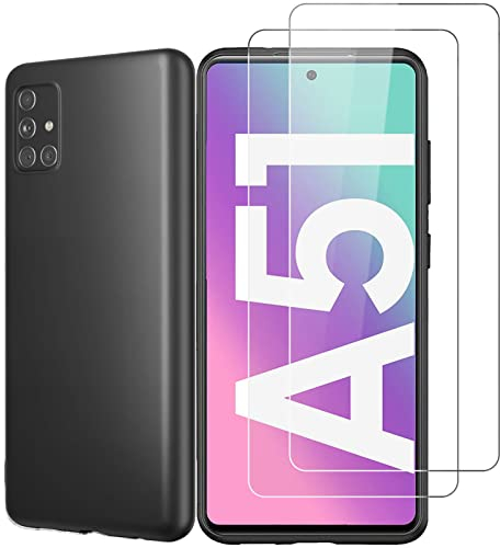 NEW'C Hülle für Samsung Galaxy A51 Ultra Thin Silikon Schwarz und 2 × Panzer Schutz Glas für Samsung Galaxy A51 - Anti Scratch