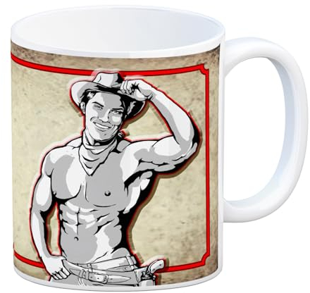 Kaffeebecher mit sexy Cowboy und Spruch - Ich will 'nen Cowboy als Mann Sexy Cowboy Schild für Single Frauen oder für Jungesellinnen Abende als Geschenk für Damen mit dem falschen