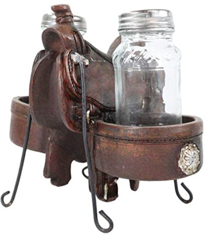 Ebros Gift Country Western Cowboy-Pferd-Sattel mit 2 Satteltaschen und silbernen Conchos Salz- und Pfefferstreuer, Figuren-Set in gezacktem Leder-Finish, rustikales Bauernhaus-Ranch-Dekor