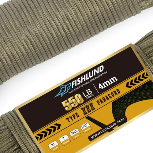 Cuerda de paracaídas FISHLUND de 550 LB, 7 hebras Tipo III, 250 pies, 4 mm, Nailon para Acampar, Verde Militar