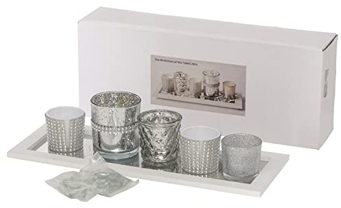MamboCat Glas-Windlicht-Set Pit auf Holz-Tablett I weiß-Silberne Teelichthalter mit Steinen I Moderne Tisch-Deko I Teelicht-Halter, Kerzen-Ständer I Wohnzimmer, Esstisch I Geschenkidee