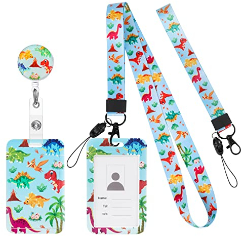 HIFOT 4 Stück Dinosaurier Schlüsselband mit Ausweishüllen, Lanyard mit ID Kartenhalter und Schlüsselring, Ausziehbar Ausweisjojo für Mobile Handys, Schlüssel, Büro ID Karte