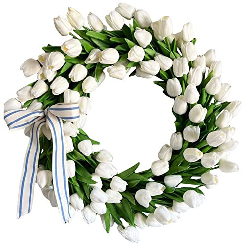 Ganzjährig Türkranz,Frühlingskranz Tulpe Kränze Dekorative Girlande Blumenkranz Deko Hochzeit Wanddeko Frühlingsdeko Willkommens Kranz Frühlingsdekoration Türdekoration (Weiss, 30cm)